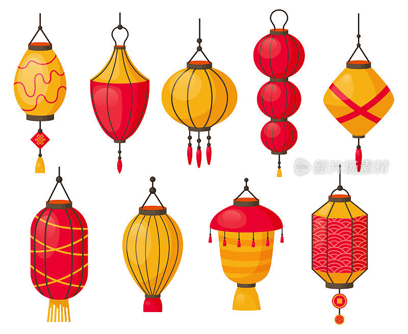 Asian lanterns. Chinese traditional red paper lamps, japanese or chinese street decoration. Oriental festival lanterns isolated vector symbols